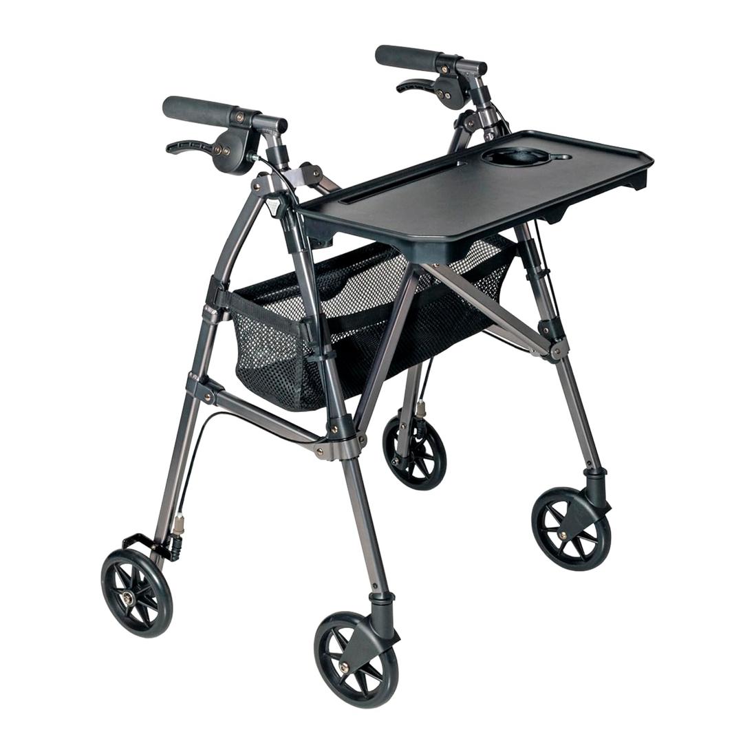 Stander Wonder Indoor Rollator with Tray and Basket, Lightweight Folding Mobility Rolling-Walker for Seniors and Adults, Narrow Walker with 6-inch Wheels, Locking Brakes, Black Walnut