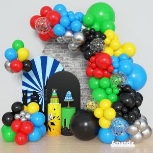 Amandir 153pcs Red Blue Yellow Green Black Balloon Arch Garland Kit, Different Sizes 18 12 10 5inch Metallic Silver Star Confetti Colorful Balloons for Birthday Carnival Video Themed Party Decorations