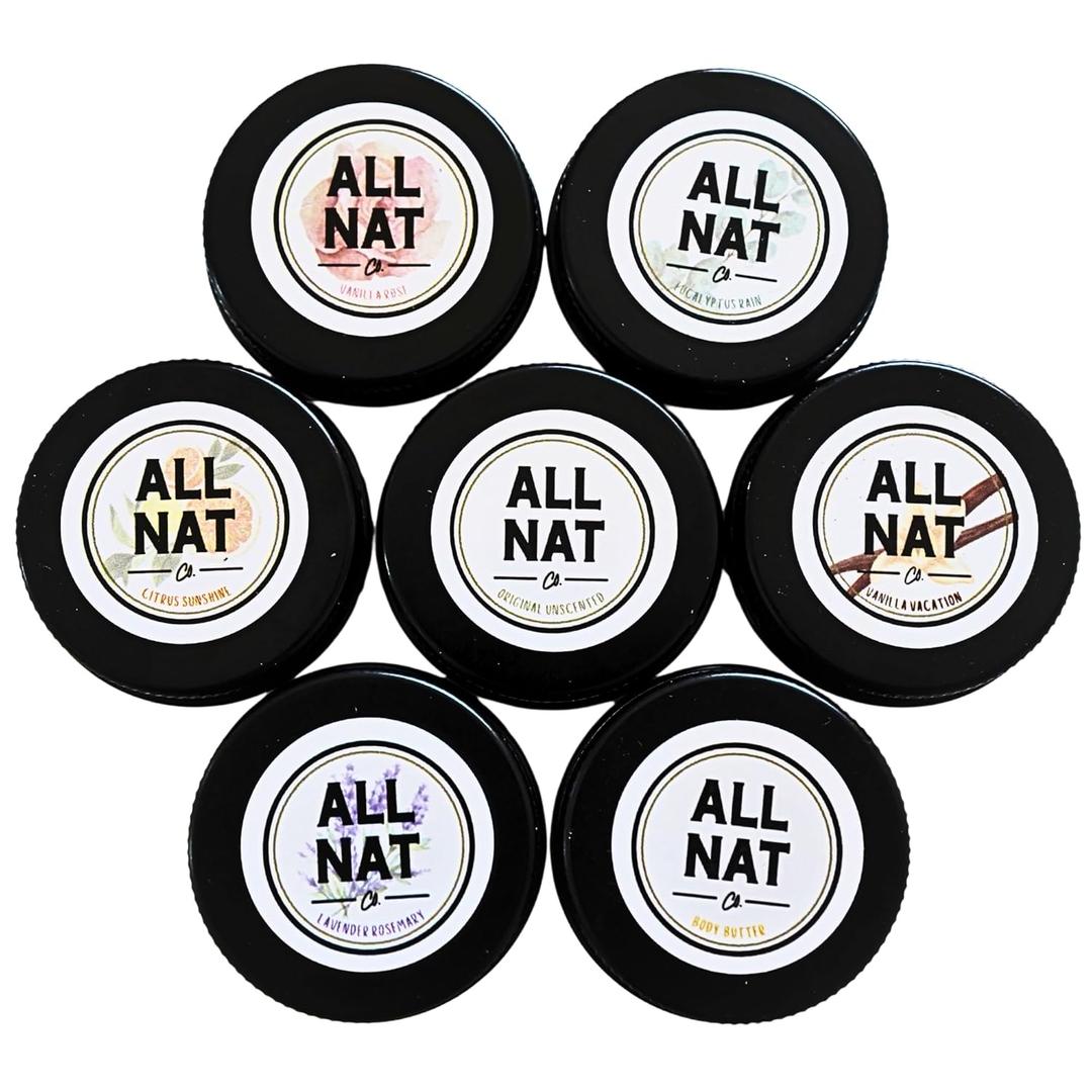 All Nat 7-Pack Whipped Grass-Fed Tallow Cream + Body Butter Sample Size Gift Set - .5 oz Travel Tins - SCENTED and Unscented - Hydrating, Clean Beauty Moisturizer for Sensitive Skin, Natural Skincare