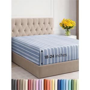 Extra Deep Twin XL Fitted Sheet - Hotel Luxury Single Fitted Sheet Only - Easily Fits 18 inch to 24 inch Mattress - Ultra Soft, Wrinkle Free w/Extra Deep Pockets - Breathable & Comfy - Blue Stripes