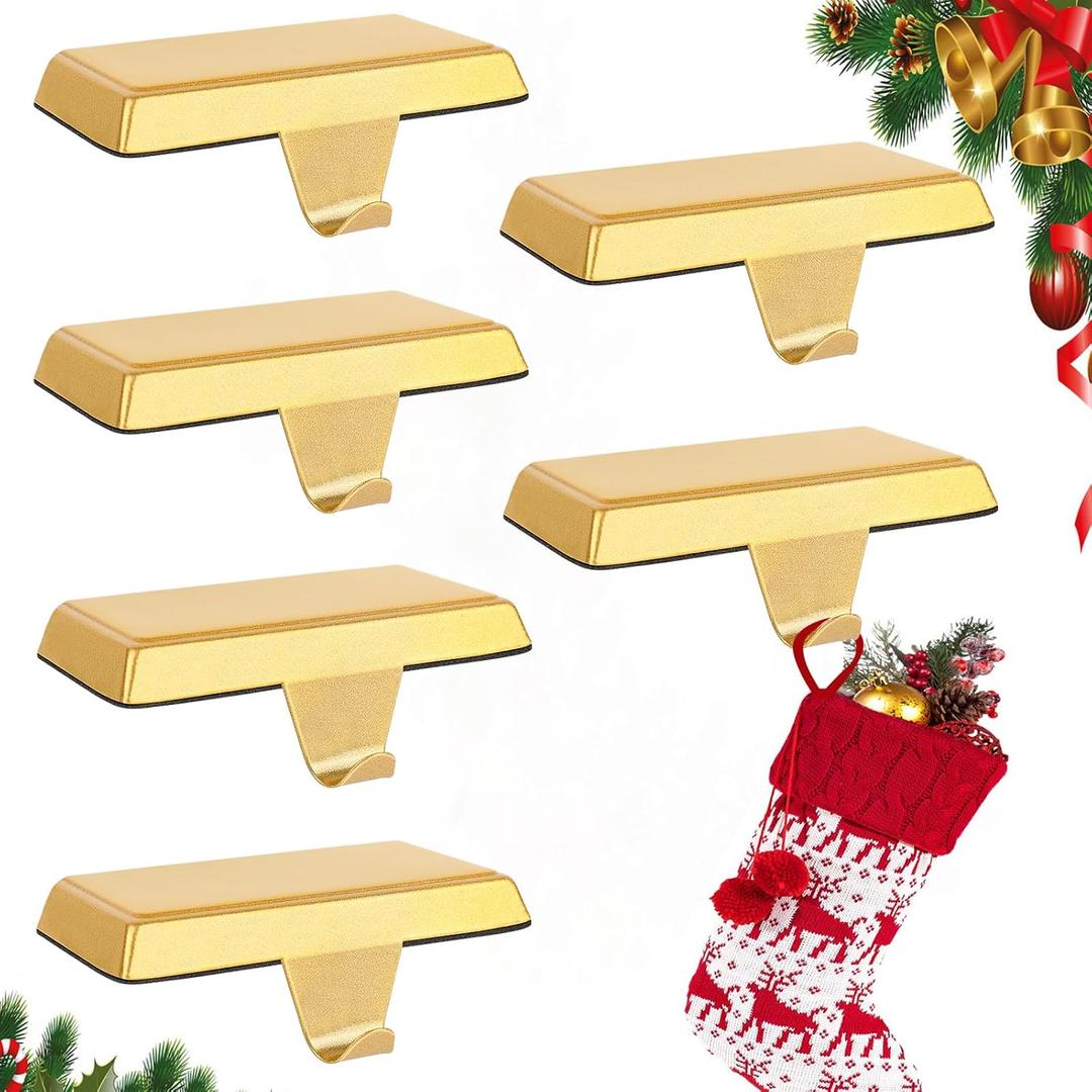 Set of 6 Metal Christmas Stocking Holders for Mantle Heavy Duty Stocking Hangers Stocking Hook Christmas Ornaments for Counter Tables Window Fireplace Mantle Decoration(Gold)