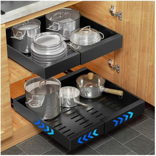 Pull Out Cabinet Organizer, 21" Deep Expandable(12.6''-20.5'') Pull Out Drawers for Cabinets, Slide Out Cabinet Organizers with Adhesive Nano Film for Kitchen Cabinet Organization (Black)