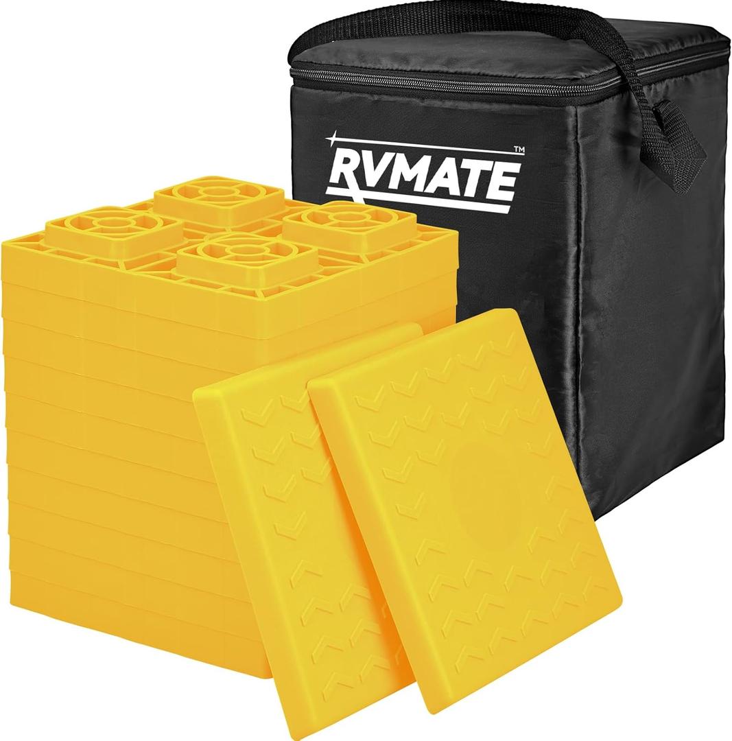 RVMATE RV Leveling Blocks 12 Pack, Heavy Duty Camper Leveling Blocks, Leveling Blocks for RVs, Reduce Trailer Movement, Trailer Leveling Blocks Great for Single and Dual Wheels, Yellow