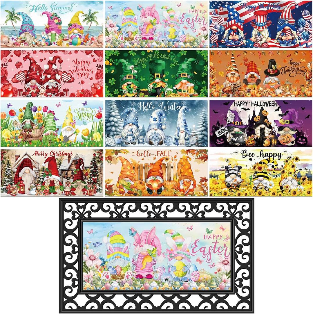 Nuanchu Seasonal Door Mat Interchangeable Doormat Inserts Entrance Welcome Mats 22 x 10 Inches Non Slip Mats Gifts for Front Door Irish Easter Spring Decoration (No Frame)(Gnomes)