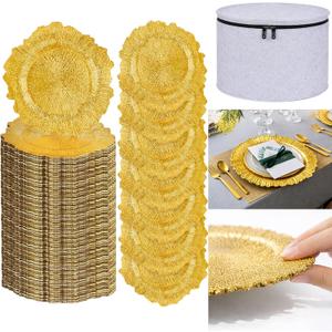 50PCS Bright Gold Reef Charger Plates Bulk Set with Storage Solution, 13 Inch Round Reusable Plastic Dinner Chargers, Decorative Table Chargers for Wedding, Event, Banquet, Party Table Setting