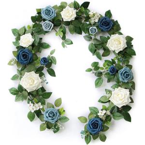 PONATIA 5FT Handcrafted Artificial Rose Flower Garland, Dusty Blue Flowers Greenery Garland for Wedding Ceremony Garlands Backdrop Arch Flowers, Ceremony Reception Table Decorations
