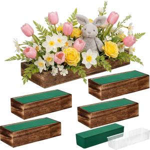 Dandat 5 Set Wood Boxes for Centerpieces 12x4 Inch Rectangle Wooden Planter Box Rustic Wood Planter with Removable Plastic Liner Floral Foam Blocks for Centerpieces Home Wedding Garden Decor