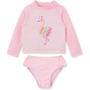 Little Me Baby Girls' Little Girls' Two-piece UPF+ 50 Sun Protection Rash Guard Set (12 Months, Pink Flamingo)