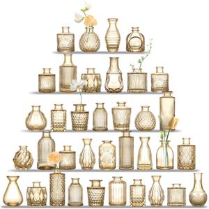 UPBUD Amber Glass Bud Vases Set of 36, Mini Flower Vase for Centerpieces, Small Gold Bud Vases in Bulk for Wedding Decorations, Vintage Vase for Table, Recepetion, Home Dcor