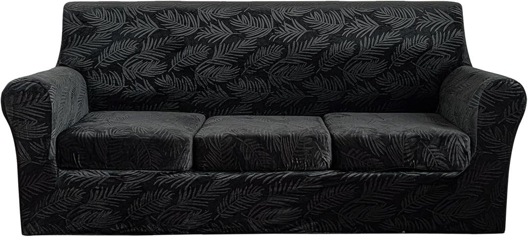 4 Pieces Velvet Embossing Sofa Cover 3 Cushion Couch Covers for Sofa Durable Soft Plush Sofa Slipcovers 3 Seater Washable Dog Cover for Couch (Black, Sofa)