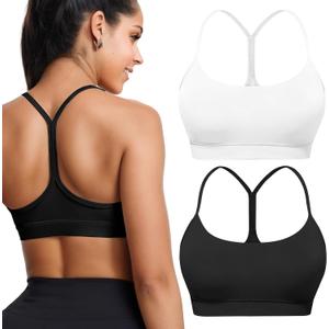 Buauty 2 Packs Y Back Sports Bra for Women, Low Impact Padded Racerback Spaghetti Strap Bras, Workout Yoga Tops, Medium