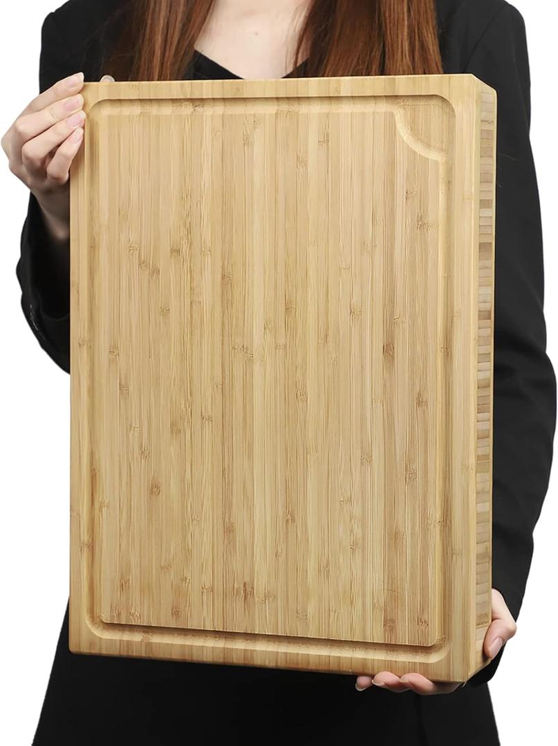 BAMOTTO 1.4" Thick Bamboo Cutting Board, Kitchen Heavy Duty Butcher Block Chopping Board with Juice Groove, for Meat, Turkey, Pork Ribs & Vegetables, 100% Organic Bamboo, 17.7" x 13.2"