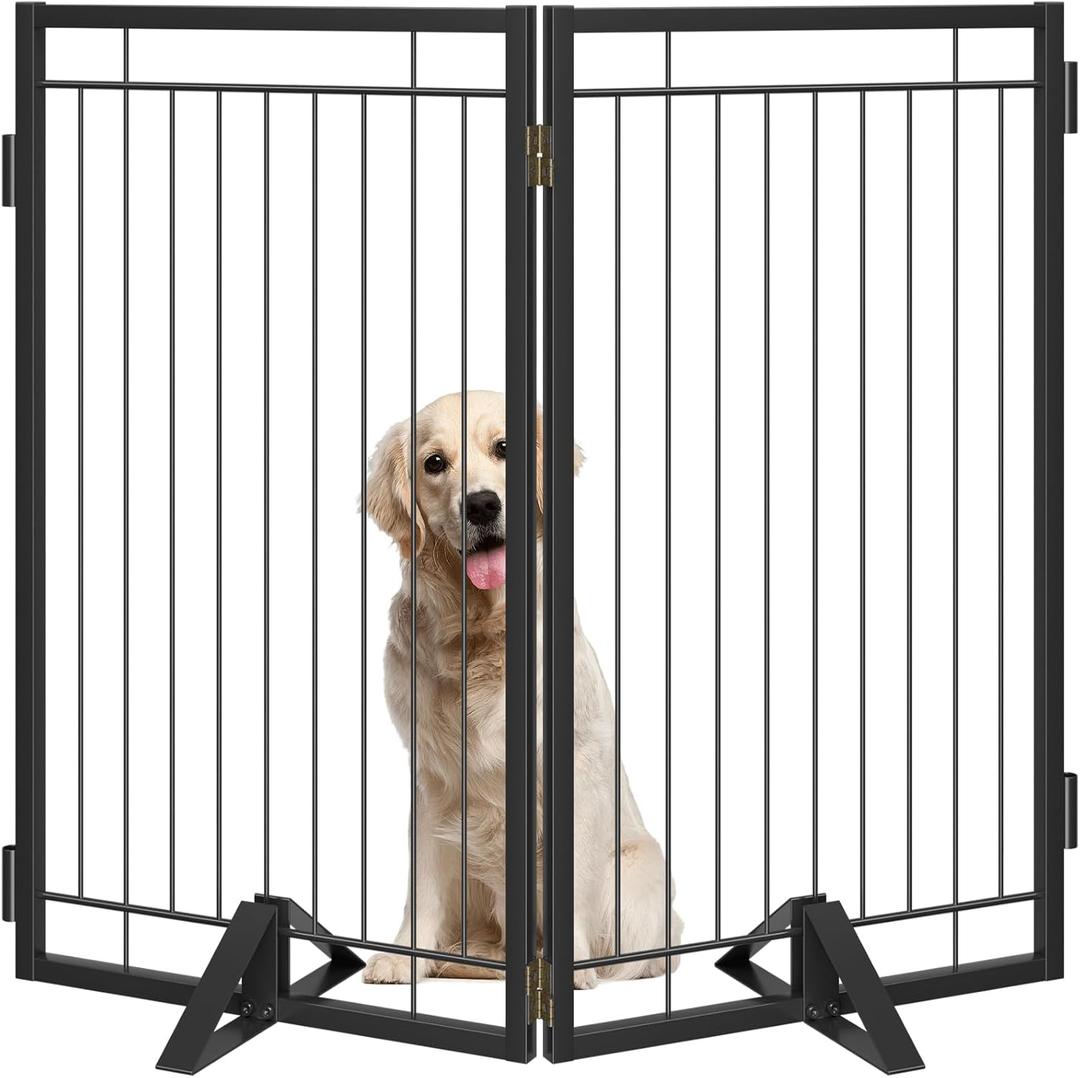 Full Metal Freestanding Dog Gate for Indoor & Outdoor,36" Tall Foldable Dog Fence,40" Extra Wide Free Standing Pet Gate for Large Openings,Stairs,Deck,Yard,Doorways(Black)