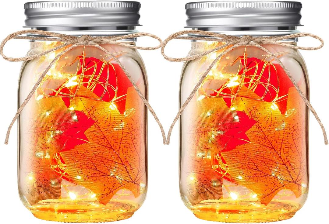 LemonRoad 2 Sets Thanksgiving DIY Craft Kit DIY Glass Mason Jar Solar Lanterns Fall Maple Leaf Table Centerpieces Decoration with Rope Brush Glue for Autumn Party Decor Classroom Activities Crafts