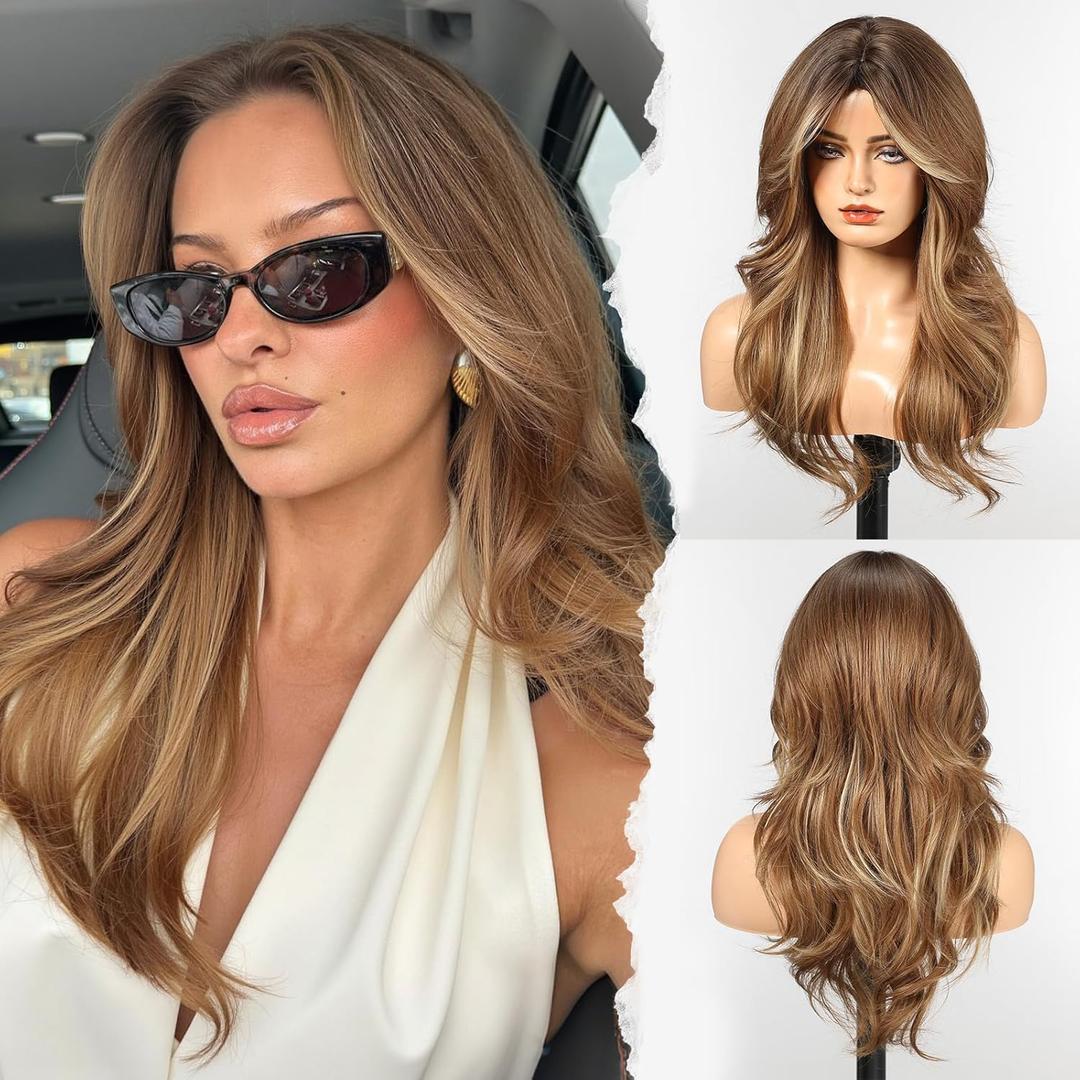 HAIRCUBE Long Synthetic Wig for Women Heat Resistant Natural Looking Hair with Bangs, Perfect for Daily Use, Party & Cosplay (Mixed Brown)