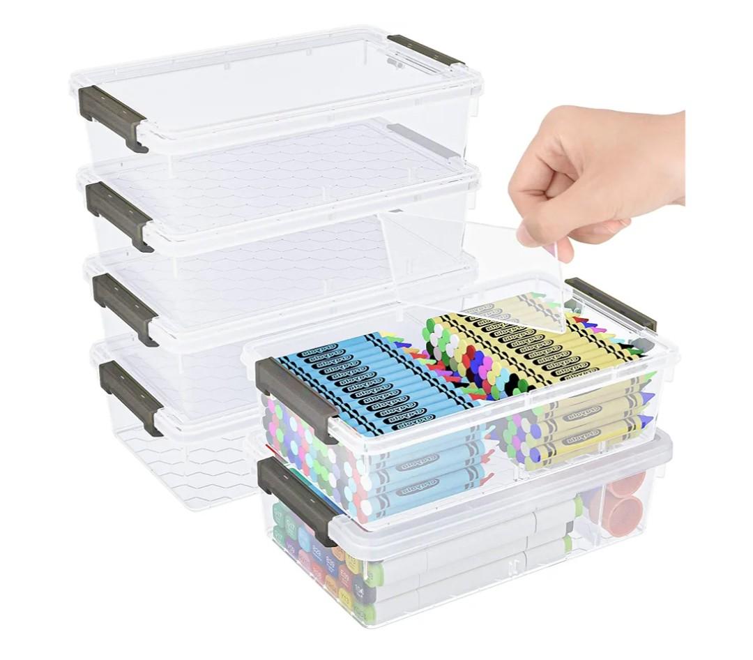6 Pack Extra Large Pencil Box with Removable Divider, Thickened Pencil Case Bulk, Clear Crayon Marker Organizer Stackable Plastic Small Storage Containers for Pen Craft School Supplies(Grey)