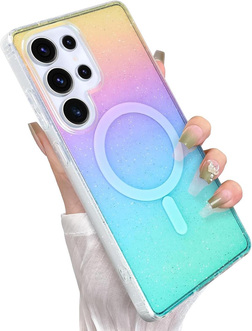 Glitter Case for Samsung Galaxy S25 Ultra Case for Women Girls [ Compatible with Magsafe ] Clear Cute Girly Aesthetic Iridescent Rainbow Sparkly Bling Magnetic Phone Cover, Gradient Colors