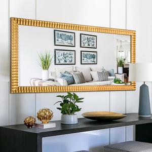 Chende 22" x 46" Decorative Wall Mirror for Dining Room Decor, Large Gold Mirror with 3D Wave Wood Carved Frame, Unique Rectangle Wall Decor, Hang Horizontally/Vertically