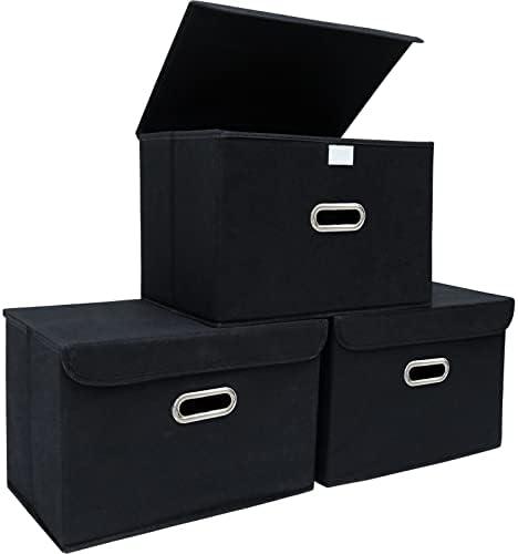 Amazon.com - STOREONE Fabric Storage Cube Bins Foldable Organizer Container Collapsible Basket with Lids and Metal Handles, for Home, Bedroom, Closet (Black, 3 Pcs)