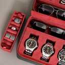 ROTHWELL 8 Watch Travel Case Storage Organizer for 8 Watches, Sunglasses, Rings & Cufflinks |Tough Portable Protection with Zipper Fits Most Wristwatches & Smart Watches Up to 50mm (Black/Red)