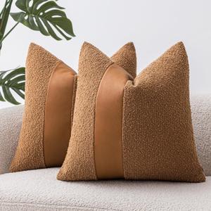 18"x18" Tobacco Boucle Throw Pillow Covers with Faux Leather Accents Set of 2 Fluffy Textured Decorative Pillow Cases for Couch Bed Boho Farmhouse Square Cushion Covers for Nordic Home Dcor