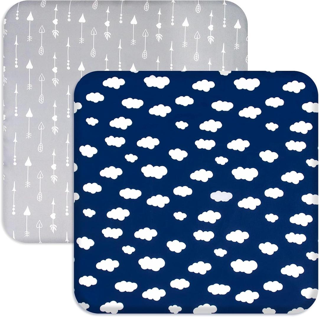 Square Playard/Playpen Fitted Sheets, Perfect for New Room2 / TotBloc Portable Playard, 2 Pack, Ultra Soft Microfiber, Fitted Playpen Sheet, Navy Cloud and Grey Arrow