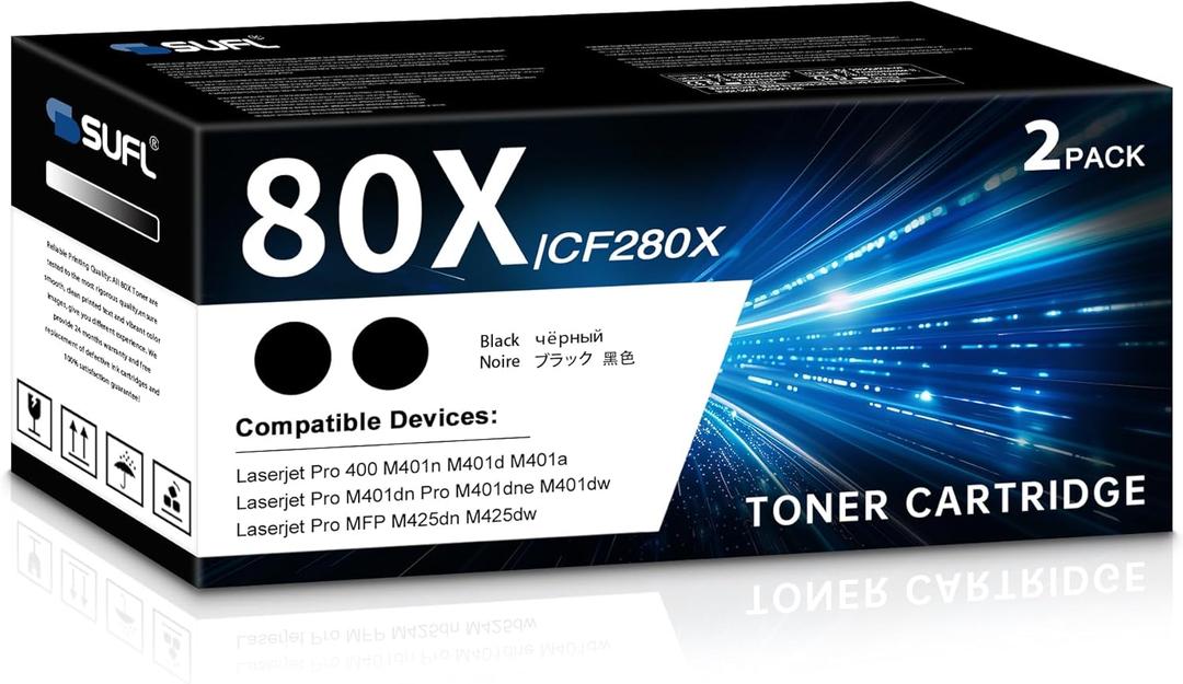 80X CF280X High Yield Toner Cartridge (Black, 2-Pack) Compatible 80X CF280A CF280X Black Toner Cartridges Replacement for HP Laserjet Pro 400 M401n M401dn MFP M425dn M401dne M401dw M425dw M425 Printer