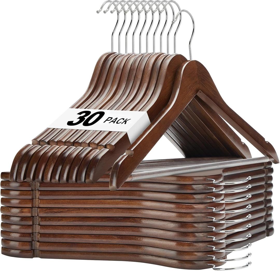 HOUSE DAY Walnut Wooden Hangers 30 Pack, Heavy Duty Wooden Coat Hanger for Closet, Solid Wood Hanger with Non Slip Pant Bar, Smooth Finish Wood Clothes Hangers for Shirts, Suits, Jackets, Dress