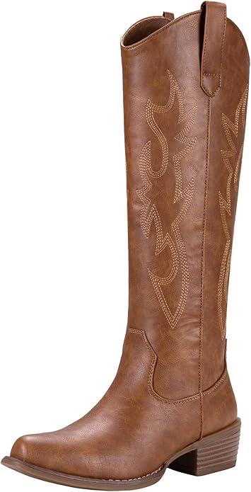 Jeossy Women's Cowboy Boots Embroided Western Cowgirl Boots Square Toe Knee High Pull on Wide Calf Shoes with Inside Zipper, Brown, 8