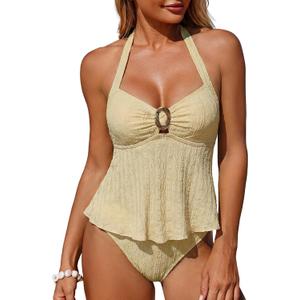 ZAFUL Halter Tankini Swimsuits for Women Lace O-Ring Cut Out Two Piece Tummy Control Swimsuits Bathing Suits (Large)
