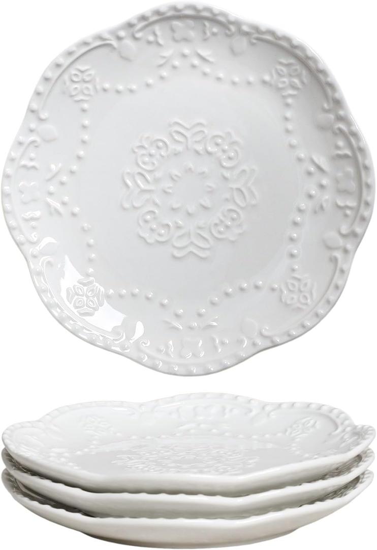 Gaolinci European Palace Series Lace Embossed Ceramic Dinner Plate (Set of 4) (6 inch, White)