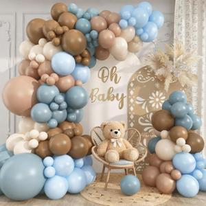 Blue and Brown Balloon Garland Arch Kit, 114Pcs Dusty Blue Double Stuffed Coffee Brown Sand White Balloons for Boy Bear Baby Shower Decorations Wedding Boho Birthday Party Decorations