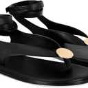 Flat Sandals for Women Strappy Sandals Comfortable Dressy Beach Flip Flop Slides Thong Sandals for Women with Metal Circular, 8.5, Black Pu