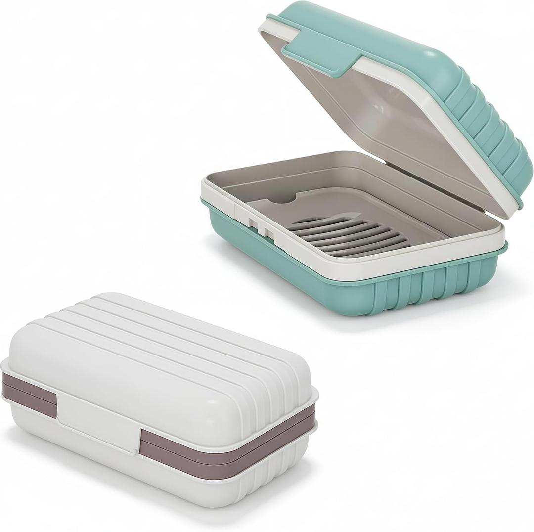 2 Pack Travel Soap Case with Lid, Leakproof and Portable Soap Holder with Removable Drain Tray for Home, Bathroom, Hiking, Camping, Outdoor (Blue, White-n)