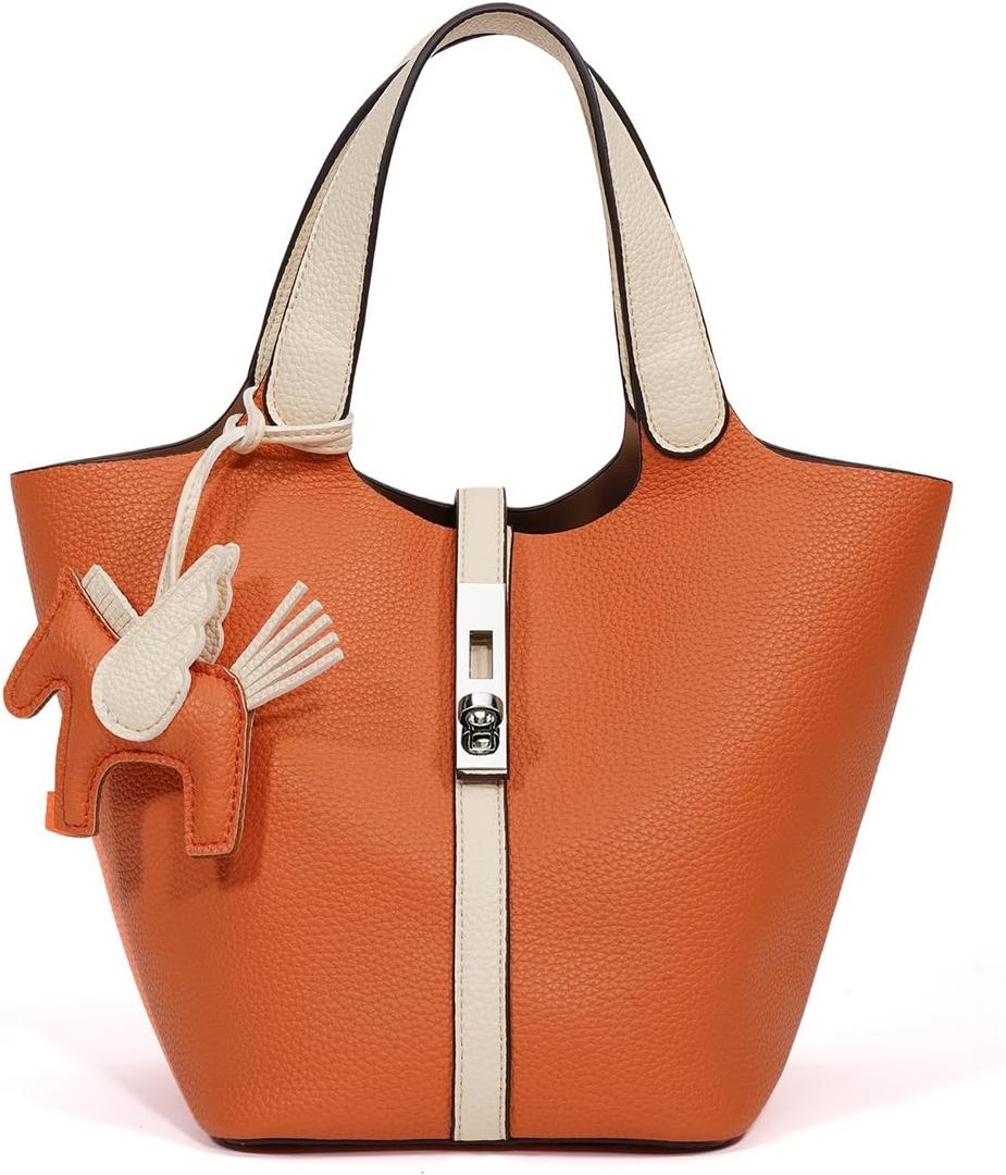 Tote Bag for Women Vegan Leather Bucket Purse for Women Top Handle Handbag Shoulder Bag with Detachable Small Purse (A36-Orange Beige)
