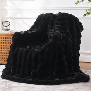 BENVWE Faux Fur Throw Blanket for Couch - Thickened Fluffy Soft Bubble Blanket for Living Room Home Decor - Fathers Day Birthday Gifts for Women Men, Black, 50" x 60",1300GSM
