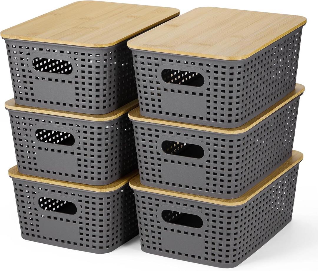 Plastic Storage Baskets With Bamboo Lid - Plastic Storage Containers Stackable Storage bins: Storage Baskets for Organizing Shelves Drawers Desktop Closet Playroom Classroom Office, 6 Pack, Gray
