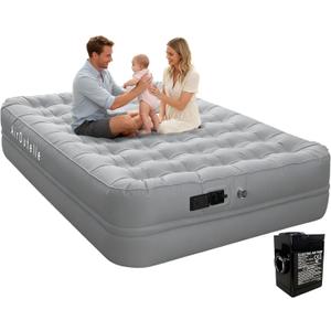 Queen Air Mattress with Rechargeable Battery Pump - 18" High Inflatable Bed, 3-Min Fast Inflation & Portable Foldable Design, 650lbs Heavy Duty, Soft Pongee Fabric for Camping & Home Use (Gray)