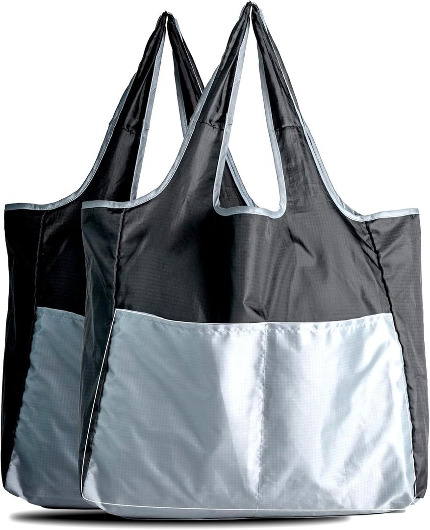 Foldable Reusable Grocery Tote Bag 2 Pack, Heavy-Duty Polyester, Machine Washable, 15.7 x 15.7 x 6.3 inch, Holds 40 lbs, Black, Gifts for Christmas
