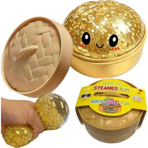 Glitter Dumpling Squishies Toy with Box, Colorful Glitter Dumplings Stress Balls Fidget Sensory Soft Squeeze Slow Rising Decompression Dough Toy. (Gold Glitter)