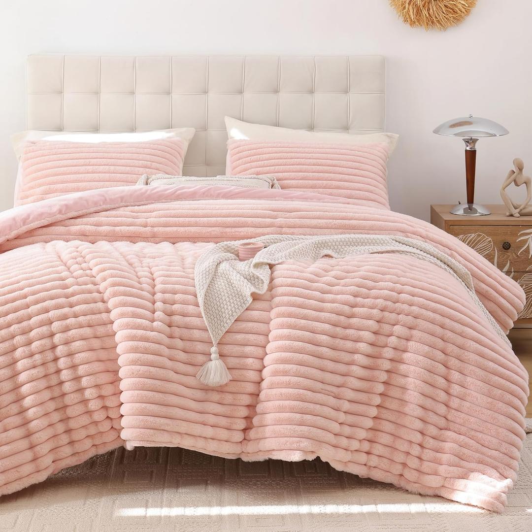 Smoofy Fluffy King Size Comforter Set 3 Pieces - Blush Pink Fleece Fluffy Comforter Set, Luxury Fuzzy King Bedding Set, Soft King Bed Set All Season, Heavy Faux Fur Comforter with 2 Pillow Cases