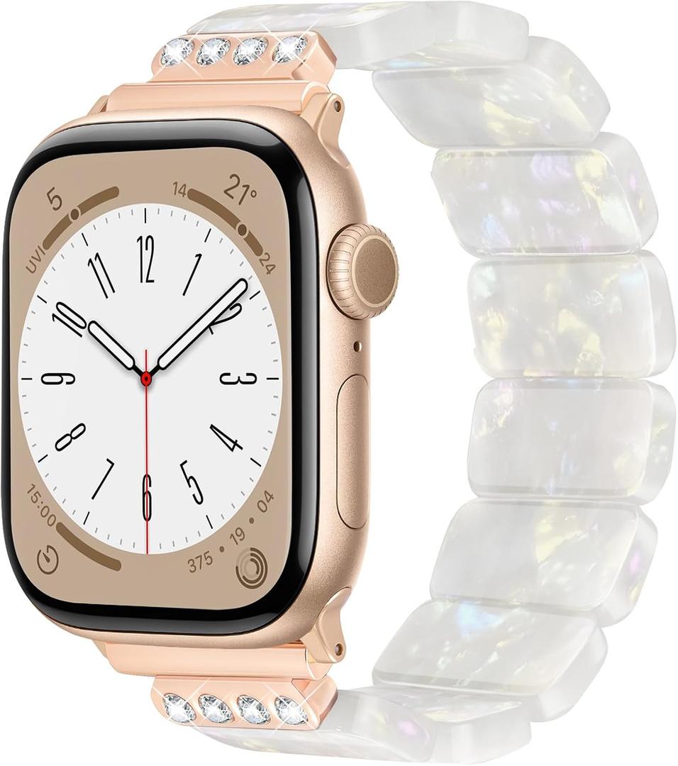 V.R.HOPE Stretchy Resin Apple Watch Band for Series Ultra/11/10/9/8/7/SE 46mm45mm44mm42mm49mm Fashion Cute, Lightweight & Flexible, Rectangle Design with iWatch Series 6/5/4/3/2/1(Fluorescent White-S)