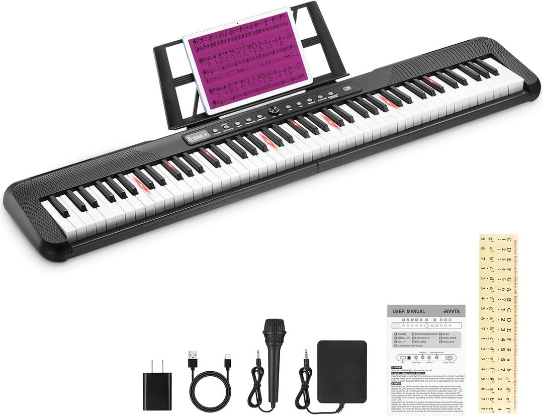 RIVVTA 88 Key Light-Up Keyboard Piano Velocity-Sensitive Keys Full-sized Digital Piano with 200 Tone 200 Rhythm 80 Demo Portable Electric Keyboard with Sticker Sustain Pedal Black