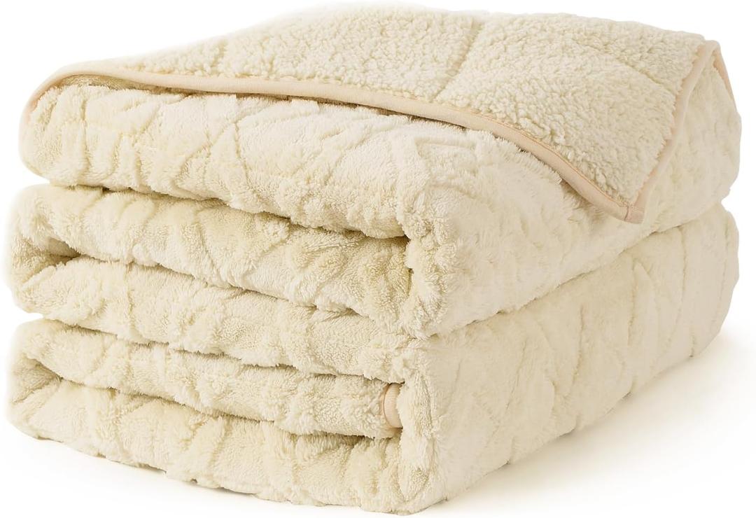 Topblan Weighted Blanket for Adults, 48" x 72" 15lbs, Soft Sherpa Twin Size Heavy Blanket with 3D Jacquard Flannel Fleece Weighted Blankets for Couch and Bed (Beige)