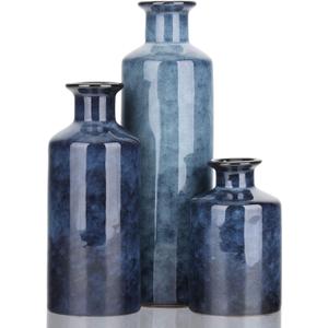 Blue Ceramic Vases Set - 3 Blue Small Vase, Farmhouse Country Blue Vases Home Decor, Living Room Decoration, Table Decoration, Fireplace Decor, and Entrance Decoration Centerpieces