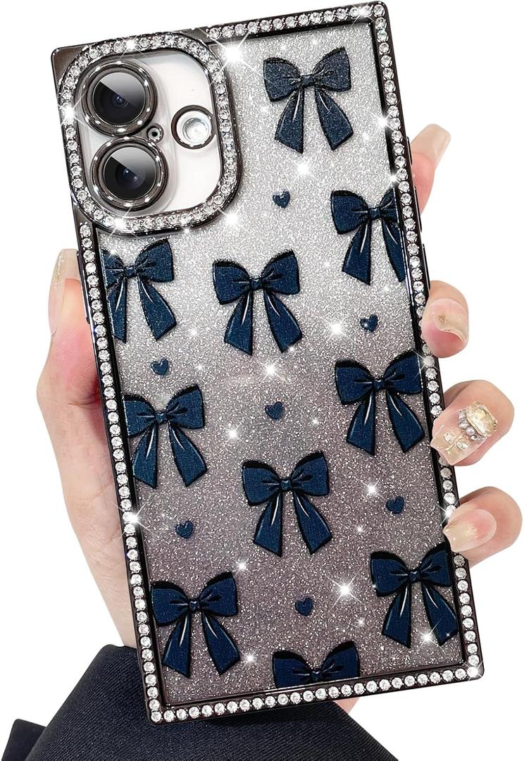 KANGHAR Designed for iPhone 16 Plus Case Glitter Bows Hearts Print Pattern Design Case Anti-Scratch Shockproof Bumper Protective Bling Sparkly Diamond Rectangle Cover Black