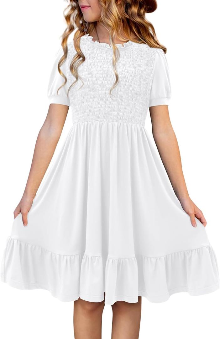 storeofbaby Girls Casual Dress Summer Puff Short Sleeve Smocked Ruffle Dresses (6-7 Years)