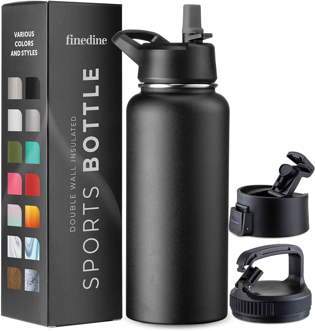 FineDine Triple Walled, Insulated Water Bottles with Straw - 32 Oz Stainless Steel Metal Bottle W/ 3 Leak Proof Lids - For Travel, School, Sports, Gym/Men, Women & Kids - Inky Raven Black