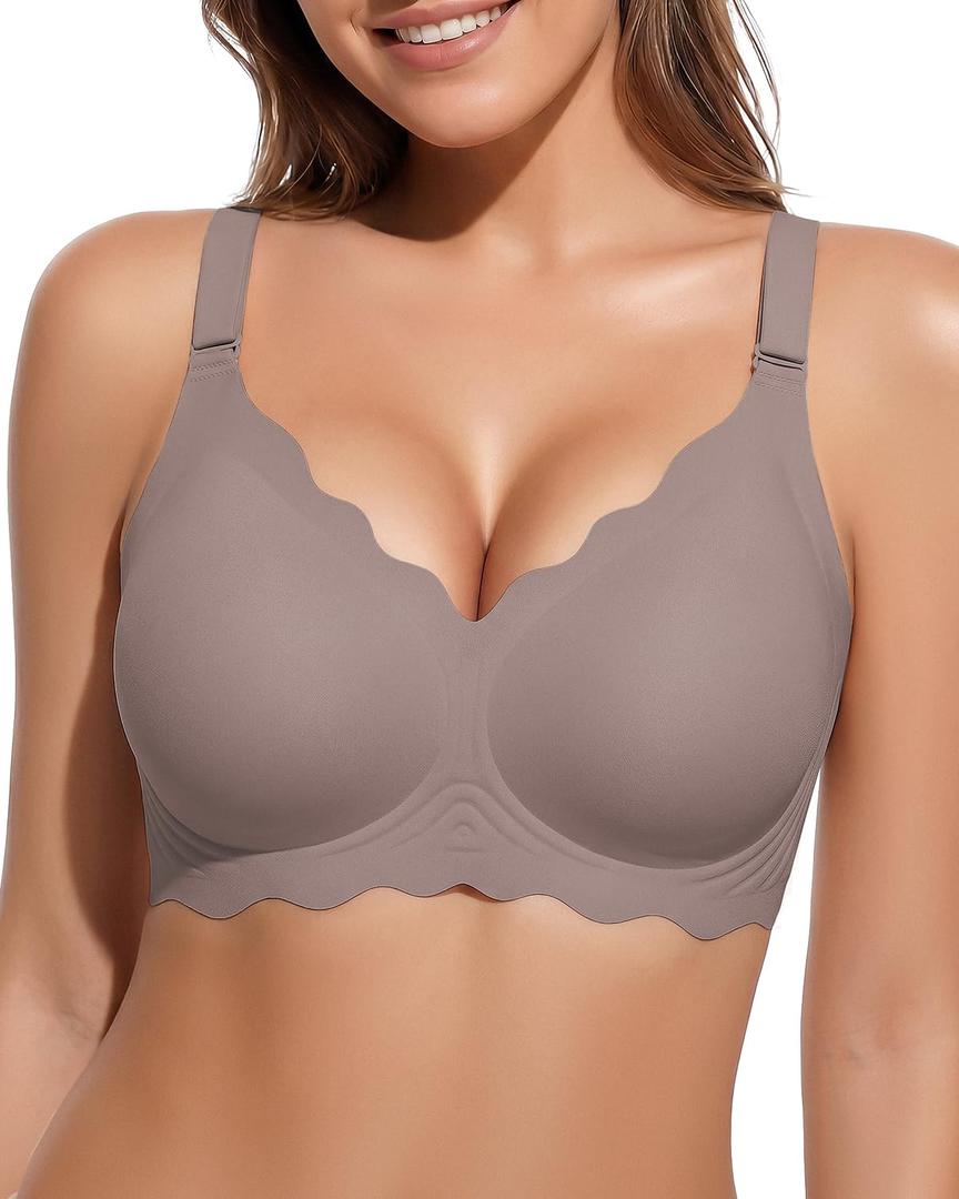 PQK Bras No Underwire for Women Comfortable Wireless Seamless T Shirt Bras Wavy Edge Full Coverage Push Up Bra (Size S Coffee) (S)