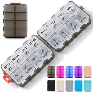 Foldable Weekly Pill Organizer 2 Times a Day with 2 Extra Compartments - Etched Label - Portable 7 Day AM PM Medicine Box, Week Daily Travel Pill Case Holder for Meds, Vitamin, Supplement, Clear Black